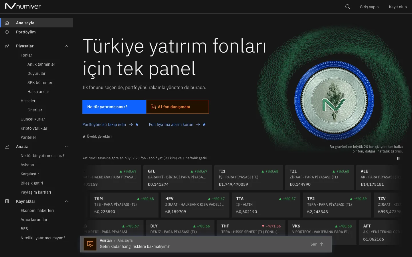 Numiver home page: Turkish investment fund dashboard with a live fund ticker and an AI assistant bar